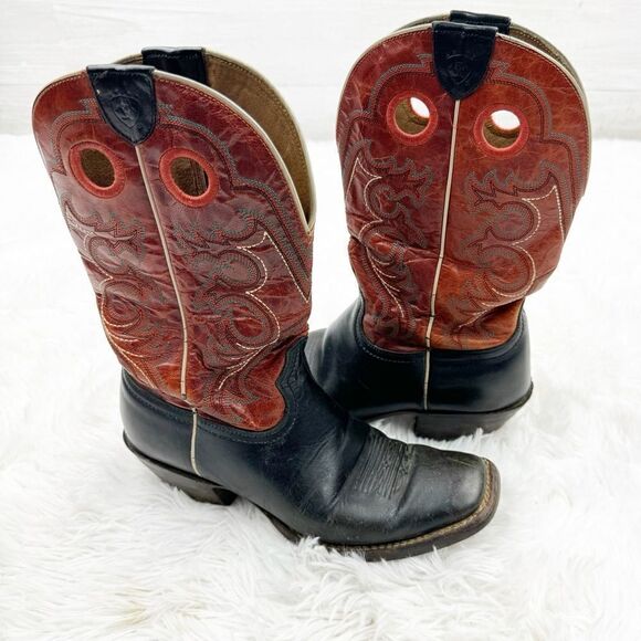 Ariat Square Toe Red & Black Embroidered Leather Western Cowboy Boots - Picture 1 of 14